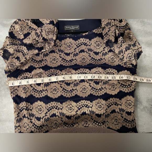 Jessica Howard Evenings Size 12 Long Sleeve Navy Blue Gold Lacy Sheath Dress - Picture 10 of 11